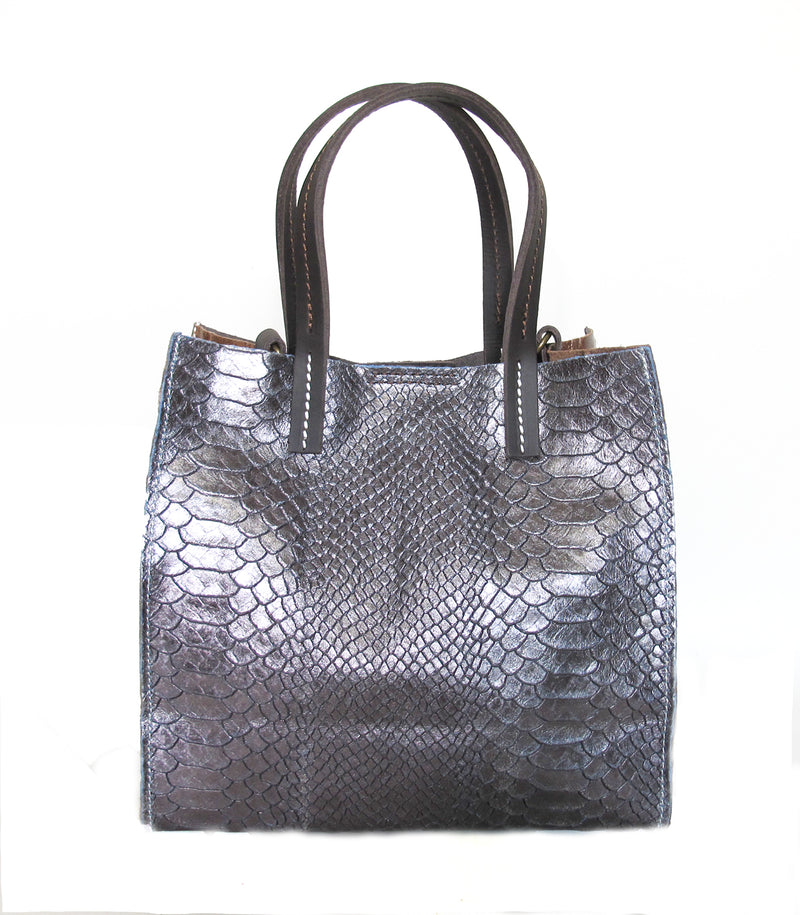 Front view of python print leather handbag