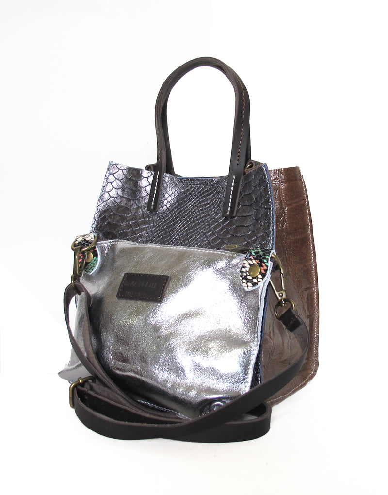 Silver detachable purse with python print handbag