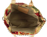 Canvas Cotton Floral Handbag Leather Handles & Shoulder Strap Made In Italy