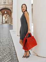 Woven Braided Pattern Red Leather Large Handbag Handmade In Italy