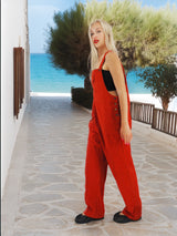 Red Overalls, Cotton Overalls, Casual Wear, Comfortable Clothing, Relaxed Fit, Street Style, Urban Fashion, Women's Fashion, Everyday Outfit, Trendy Overalls, Button Detail, Adjustable Straps, Pockets, Lightweight Fabric, Summer Fashion, Spring Outfit, Minimalist Style, Versatile Clothing, Layering Piece.