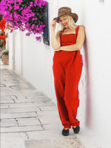 Red Overalls, Cotton Overalls, Casual Wear, Comfortable Clothing, Relaxed Fit, Street Style, Urban Fashion, Women's Fashion, Everyday Outfit, Trendy Overalls, Button Detail, Adjustable Straps, Pockets, Lightweight Fabric, Summer Fashion, Spring Outfit, Minimalist Style, Versatile Clothing, Layering Piece.