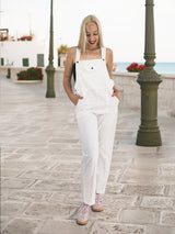 White Overalls, Cotton Overalls, Casual Wear, Comfortable Clothing, Relaxed Fit, Street Style, Urban Fashion, Women's Fashion, Everyday Outfit, Trendy Overalls, Button Detail, Adjustable Straps, Pockets, Lightweight Fabric, Summer Fashion, Spring Outfit, Minimalist Style, Versatile Clothing, Layering Piece.