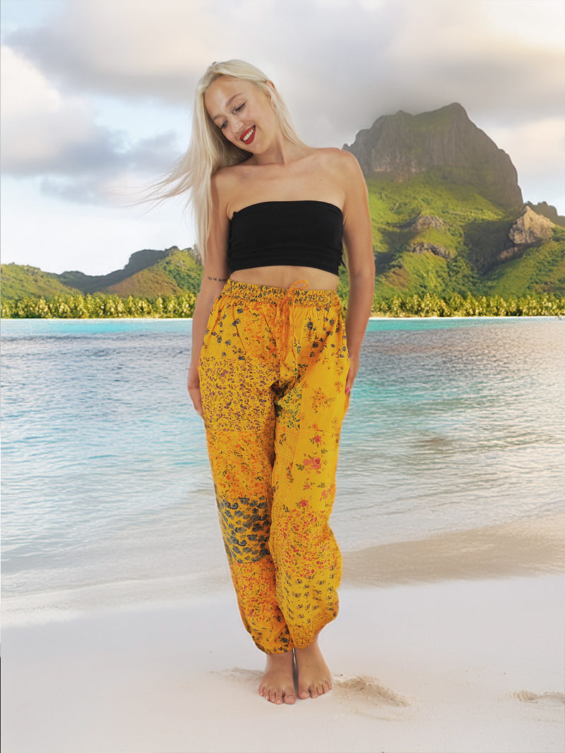 Handmade Floral Patchwork Bohemian Cotton Hippie Yoga Pants Orange Tones