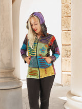 Handmade Multicolor Patchwork Boho Hoodie Jacket - Colorful Hippie-Inspired Hooded Top for Women