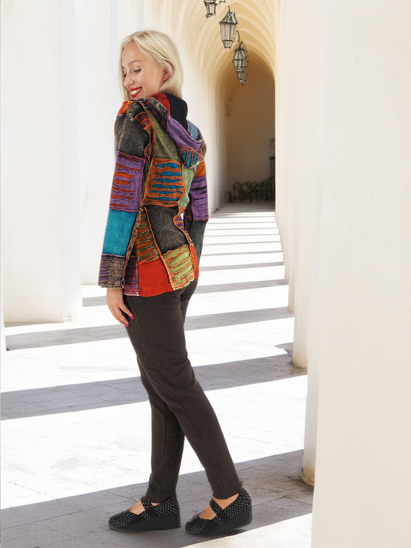 Vibrant Boho Patchwork Hoodie: A stylish bohemian jacket featuring a colorful patchwork design, perfect for embracing your free-spirited style.