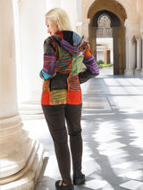 Vibrant boho-chic patchwork hoodie - colorful, cozy, and stylish clothing for the modern bohemian woman.