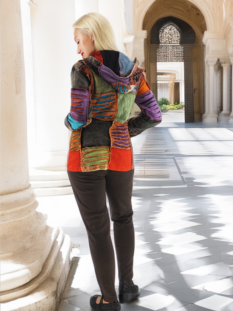 Vibrant boho-chic patchwork hoodie - colorful, cozy, and stylish clothing for the modern bohemian woman.