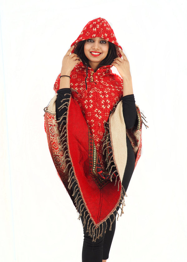 Handmade Hand Loomed Yak Wool Large Shawl Hooded Poncho Red