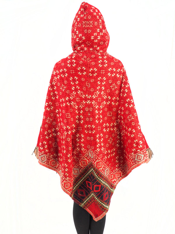 Handmade Hand Loomed Yak Wool Large Shawl Hooded Poncho Red