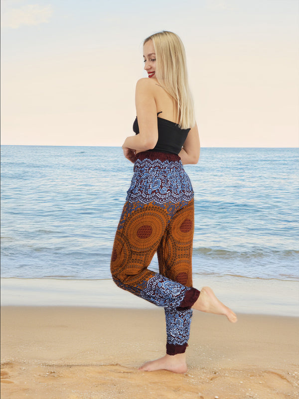 Unisex Harem Yoga Hippie Boho Pants in Copper And Blue With Mandala