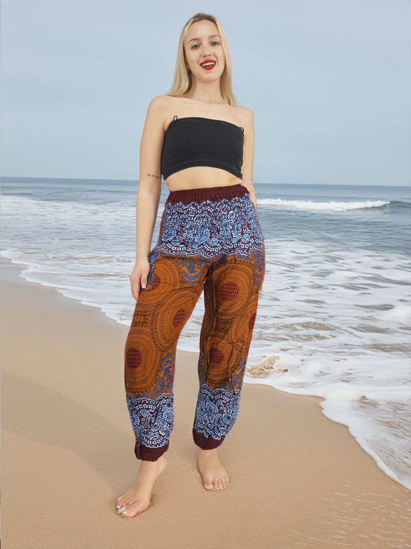 Unisex Harem Yoga Hippie Boho Pants in Copper And Blue With Mandala