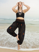 Unisex Harem Yoga Hippie Boho Pants in Black With Orange Red Flowers Tones Color L
