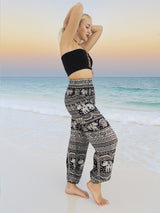 Unisex Harem Yoga Hippie Boho Pants in Black With Elephant Print 