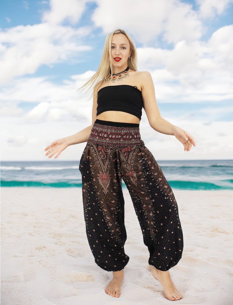 Unisex Harem Yoga Hippie Boho Pants in Black Brown And Red With Pickock Print L