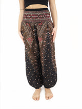 Unisex Harem Yoga Hippie Boho Pants in Black Brown And Red With Pickock Print L