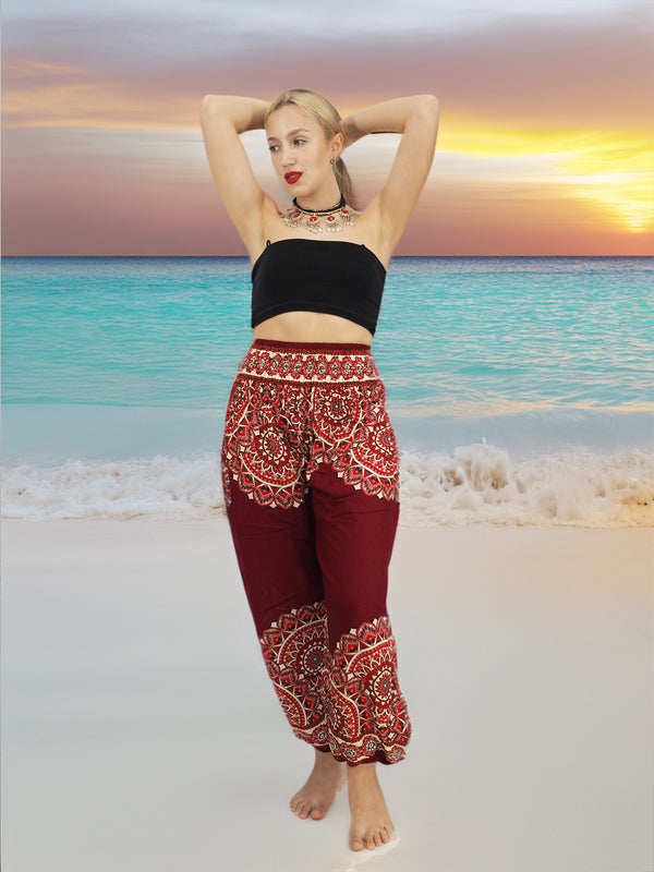 Unisex Harem Yoga Hippie Boho Pants in Dark Red With Mandala Print