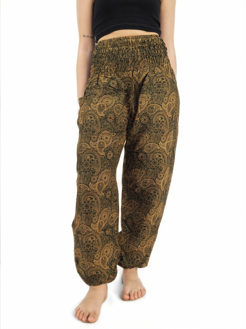 Unisex Harem Yoga Hippie Boho Pants Olive Green Paisly Print