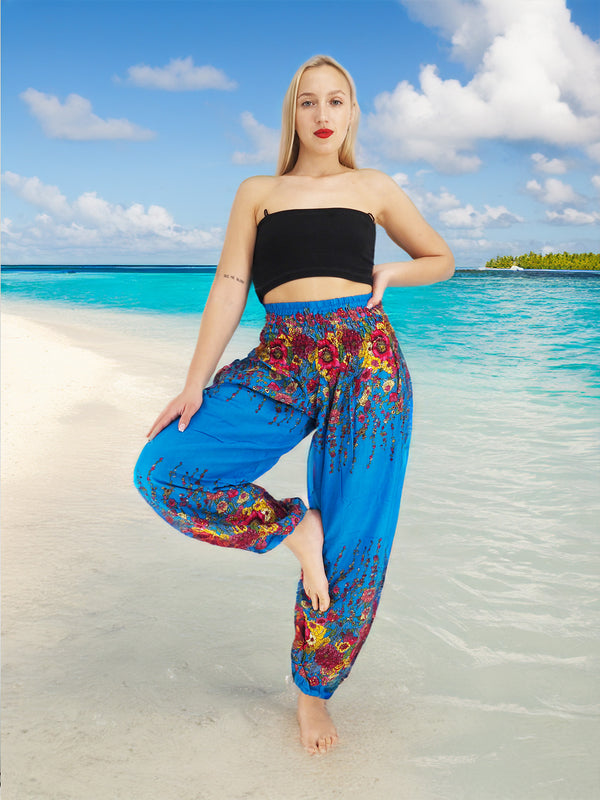 Unisex Harem Yoga Hippie Boho Pants Blue And Red Floral Print