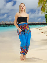 Unisex Harem Yoga Hippie Boho Pants Blue And Red Floral Print