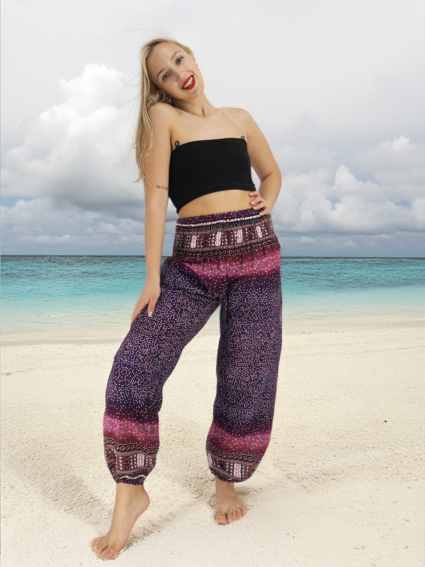 Unisex Harem Yoga Hippie Boho Pants in Purple With Pink Print