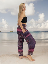 Unisex Harem Yoga Hippie Boho Pants in Purple With Pink Print