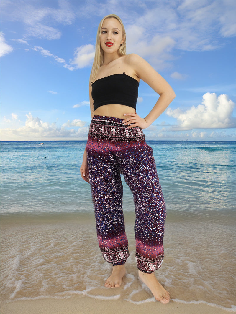 Unisex Harem Yoga Hippie Boho Pants in Purple With Pink Print