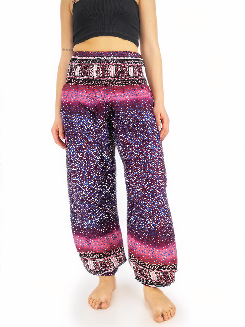 Unisex Harem Yoga Hippie Boho Pants in Purple With Pink Print