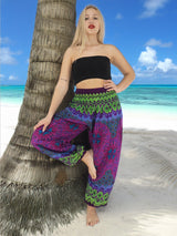 Unisex Harem Yoga Hippie Boho Pants in Purple With Green Print