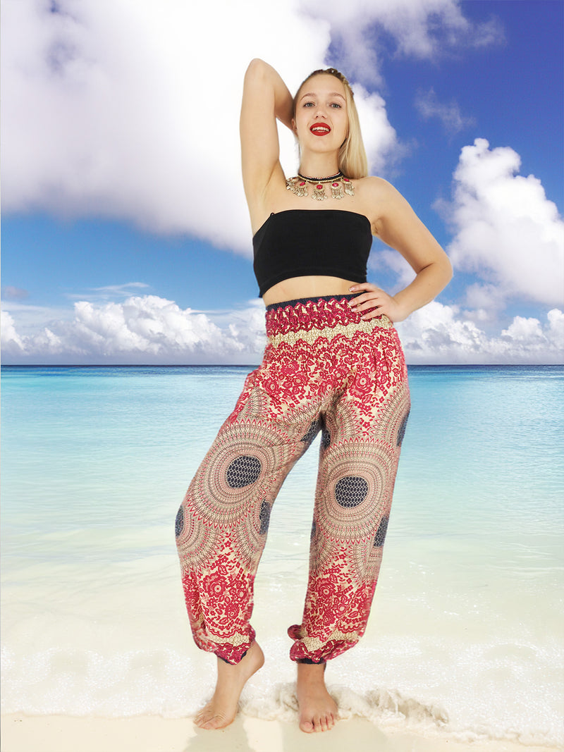 Unisex Harem Yoga Hippie Boho Pants in Pink With Blue Floral Print