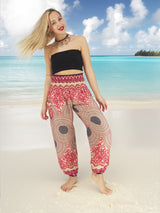 Unisex Harem Yoga Hippie Boho Pants in Pink With Blue Floral Print