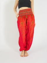 Unisex Harem Yoga Hippie Boho Pants Red And Orange With Peacock Print L-XL