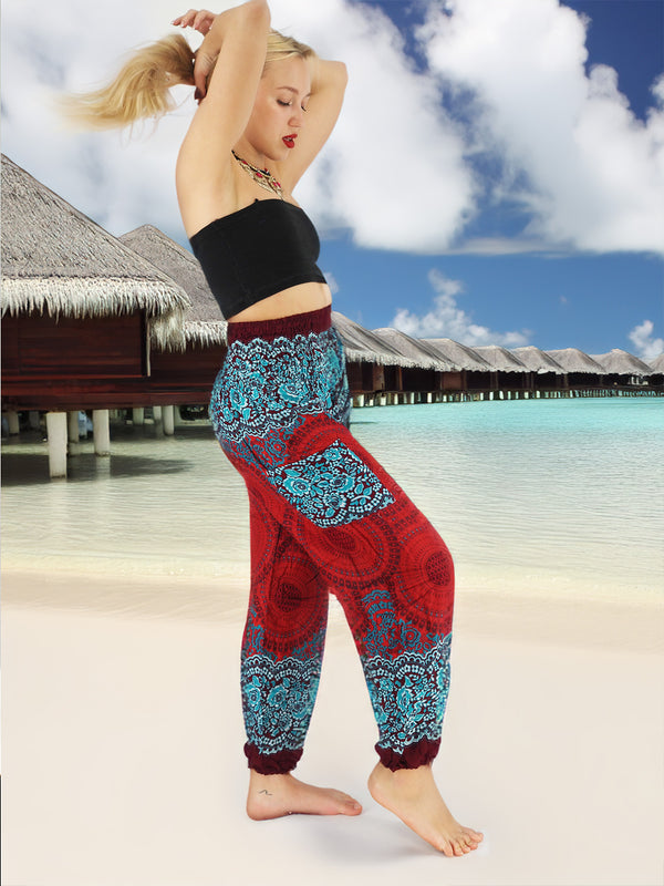 Unisex Harem Yoga Hippie Boho Pants in Dark Red With Blue Mandala Print