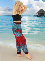 Unisex Harem Yoga Hippie Boho Pants in Dark Red With Blue Mandala Print