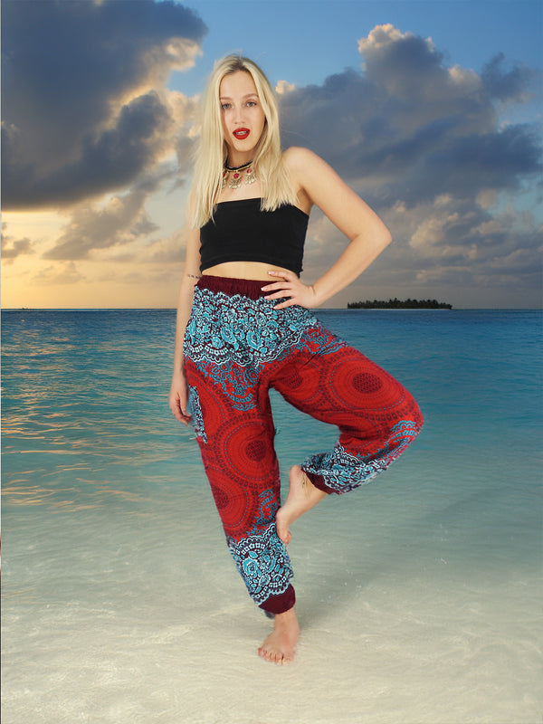 Unisex Harem Yoga Hippie Boho Pants in Dark Red With Blue Mandala Print