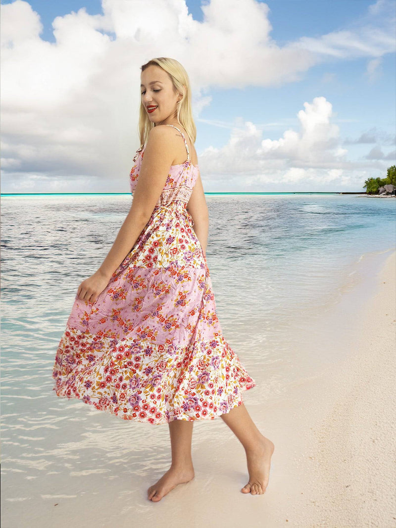 Bohemian Gypsy Hippy Cotton Light Weight Long Dress Pink Floral S-M-L Bohemian Gypsy Hippy Cotton Light Weight Long Dress Pink Floral S-M-L