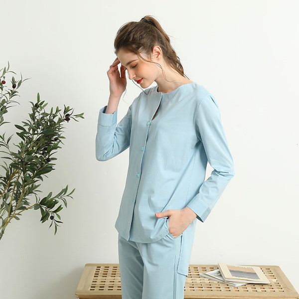 Sleepwear 100% Soft Cotton Pajama Set Solid Blue Lounge wear S M L Long Sleeves