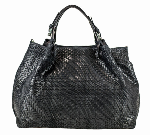 Woven Braided Pattern Black Leather Handbag