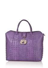 Purple Leather Handbag Detachable Shoulder Strap Croc Embossed Made In Italy Large