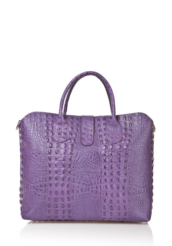 Purple Leather Handbag Detachable Shoulder Strap Croc Embossed Made In Italy Large