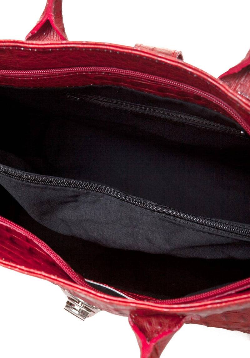Red Leather Handbag Detachable Shoulder Strap Croc Embossed Made In Italy Large