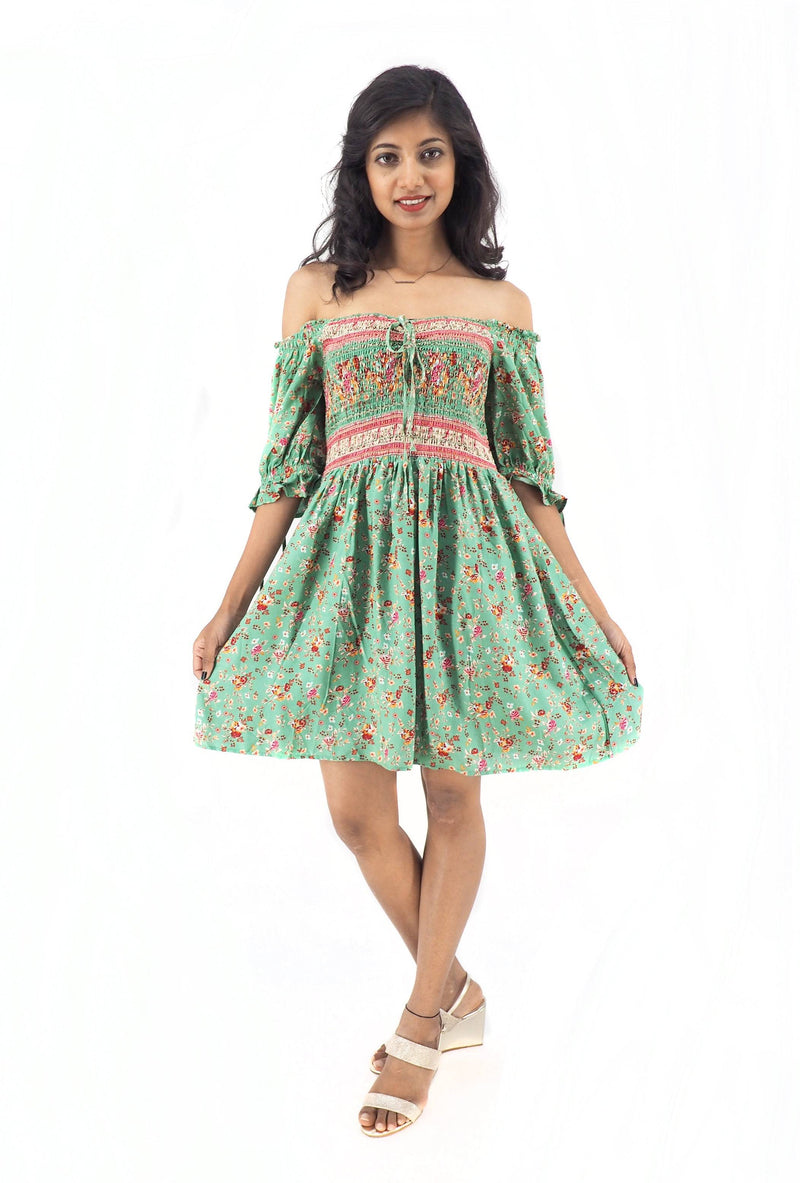 Bohemian Gypsy Hippy Rayon Light Weight Short Dress Green S-M-L Bohemian Gypsy Hippy Rayon Light Weight Short Dress Green S-M-L