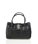 Black Leather Handbag Detachable Shoulder Strap Croc Embossed Made In Italy