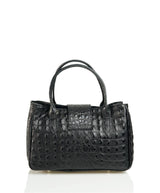 Black Leather Handbag Detachable Shoulder Strap Croc Embossed Made In Italy