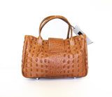 Tan Leather Handbag Detachable Shoulder Strap Croc Embossed Made In Italy