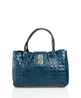 Blue Leather Handbag Detachable Shoulder Strap Croc Embossed Made In Italy