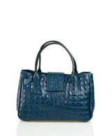 Blue Leather Handbag Detachable Shoulder Strap Croc Embossed Made In Italy