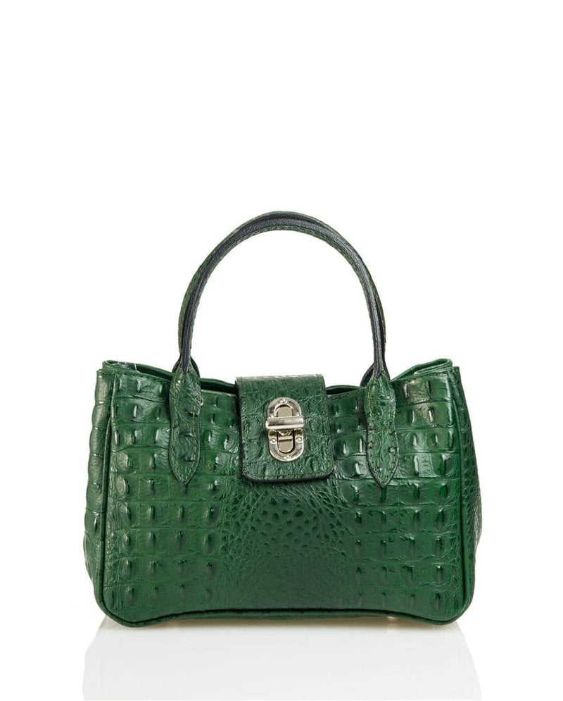 Green Leather Handbag Detachable Shoulder Strap Croc Embossed Made In Italy