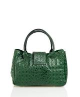 Green Leather Handbag Detachable Shoulder Strap Croc Embossed Made In Italy