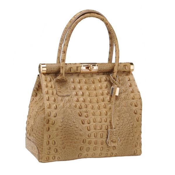 Croc Embossed Tan Beige Leather Medium Handbag Handmade In Italy